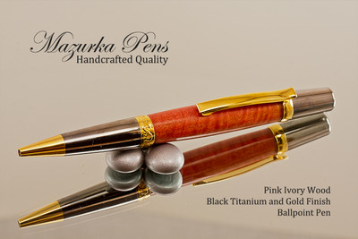 Handmade Ballpoint Pen, Pink Ivory Wood, Titanium and Gold color finish - Looking from bottom of Ballpoint Pen