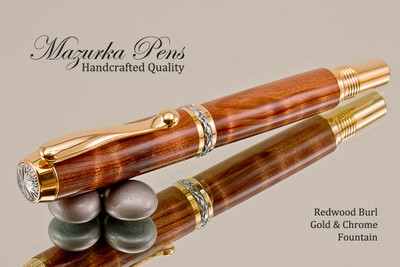 Hand Made Rollerball Pen made from Redwood Lace Burl with Gold and Chrome finish.  Main view of pen and cap.