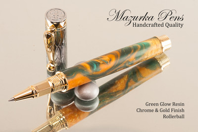 Handmade Rollerball Pen made from Green Glow Resin with Chrome finish / gold colored accents.  