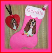 In The Hoop Basset Hound Stocking and Heart Ornament Embroidery Machine Design Set