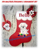 In the hoop Maltese Stocking and Heart Ornament Embroidery Machine Design Set