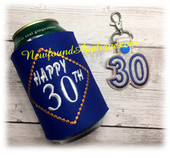 In The Hoop 30th Birthday Can Wrap and Snap Tab Key Fob Embroidery Machine Design Set.