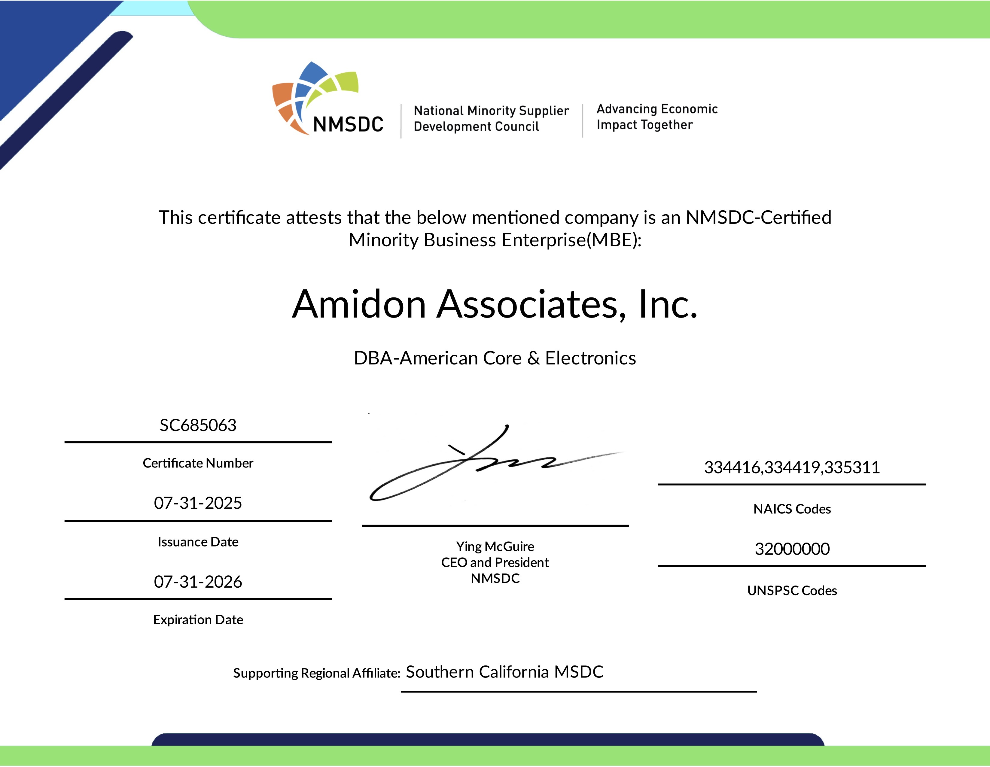 Certificate - National Minority Supplier Development Council - 07 31 2026