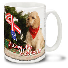 Give the gift of warm and fuzzy with this friendly puppy letting us know how much United States Veterans are loved! Cute puppy and bright colors on this 15 oz I Love My Vet Mug will make this durable, dishwasher and microwave safe coffee cup any Veteran's morning favorite!