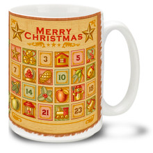 Count down the days till Christmas with this happy and bright Advent Calendar mug! Vintage styling and bright colors on this 15 oz Christmas Advent Calendar Mug will make this durable, dishwasher and microwave safe coffee cup a welcome gift for the holidays!