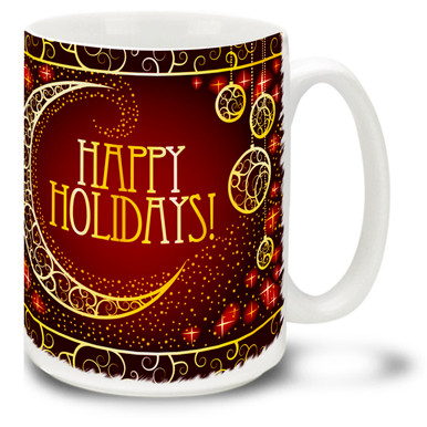 Make their day merry and bright with this Christmas Traditions Happy Holidays mug! Elegant styling and bright colors on this 15 oz Happy Holidays Mug will make this durable, dishwasher and microwave safe coffee cup a welcome gift for the holidays!