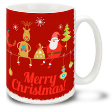 Chill out in style with this Christmas Funky Santa Just Chillin' mug! Keep cool for the holidays with Santa, a Reindeer, and a cheery Merry Christmas message on this 15 oz Christmas Santa Mug. Durable, dishwasher and microwave safe coffee cup makes a welcome gift for the holidays!