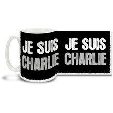 Stand with the voice of freedom and those who lost their lives in the attack on France's Charlie Hebdo offices with a Je Suis Charlie mug with stark black and white styling. Translated this mug says "I Am Charlie"! Join the call for freedom of expression with this timely Je Suis Charlie coffee mug. 15oz mug is dishwasher and microwave safe.