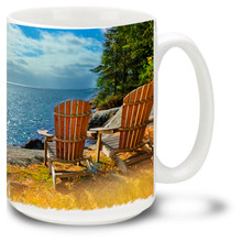 Relax in a cozy chair at the best spot on the lake with your favorite drink in this Adirondack mug! 15oz Adirondack Coffee Mug is dishwasher and microwave safe.