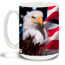 Show your pride in the United States of America with this colorful design featuring the American Flag on a Proud Bald Eagle coffee mug. 15oz Eagle Mug is dishwasher and microwave safe.