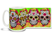 Bright and cheery green theme, pretty flowers and four different vivid sugar skulls make this Day of the Dead skull mug a keeper! Skulls coffee mug is durable, dishwasher and microwave safe.
