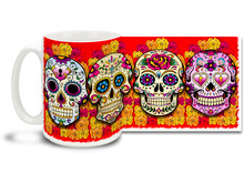 Bright and fun red theme, pretty flowers and four different vivid sugar skulls make this Day of the Dead skull mug a keeper! Skulls coffee mug is durable, dishwasher and microwave safe.