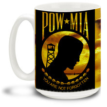 Show your pride in the United States Military with this design honoring United States military personnel taken as prisoners of war (POWs) or listed as missing in action (MIA) on a vivid POW/MIA Coffee Mug. 15oz POW/MIA Mug is dishwasher and microwave safe.