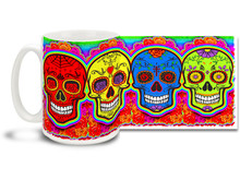 Can't decide on a color? Bright and vivid primary colors, pretty flowers and four different vivid colored sugar skulls make this Day of the Dead skull mug a keeper! Skulls coffee mug is durable, dishwasher and microwave safe.