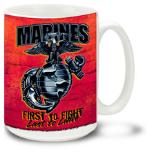 Show your pride in the United States Marine Corps with this Marines Coffee Mug with approved crest and the First to Fight, Last to Leave motto. 15oz USMC Mug is dishwasher and microwave safe.