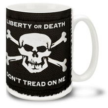 Show 'em you mean business with a Liberty or Death Don't Tread on Me mug with Skull and Crossbones! Liberty or Death mug on black is a good way to get your point across. 15-ounce ceramic Liberty or Death coffee mug has comfortable 4-finger handle.