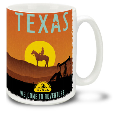 Show your love for Texas while you have your coffee in this Texas adventure themed coffee mug! The Texas adventure mug is  dishwasher and microwave safe and is sure to be a favorite!