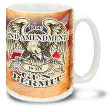 Support the Second Amendment with our 2nd Amendment Is My Gun Permit coffee mug. This Second Amendment mug shows how you feel about the right to keep and bear arms! 15oz Mug is durable, dishwasher and microwave safe.