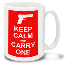 This Keep Calm and Carry One coffee mug is styled after the classic British WWII poster. This Second Amendment mug shows how you feel about open carry and the right to keep and bear arms! 15oz Mug is durable, dishwasher and microwave safe.