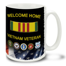 Those Who Served deserve everyone's Honor, Respect and Thanks! Welcome Home, Vietnam Veteran. Service medal with branch insignia and American Flag background makes a great Veteran coffee mug. This Vietnam Veteran's mug is dishwasher and microwave safe.