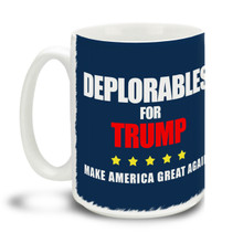 Too proud not to wear an insult as a badge of honor, Donald Trump supporters are a special breed! This Deplorables for Trump mug is durable, dishwasher and microwave safe. Big 15-ounce ceramic coffee mug has comfortable 4-finger handle.