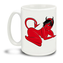 Feeling a little devilish? This Red Devil Woman mug is a fun way to dunk your doughnuts! Durable, dishwasher and microwave safe big 15-ounce ceramic coffee mug with comfortable 4-finger handle.