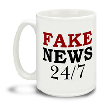 Wild and wacky media ramblings making you crazy? Show them you're in the know with this durable, dishwasher and microwave safe Fake News 24/7 mug . Big 15-ounce ceramic coffee mug has comfortable 4-finger handle.