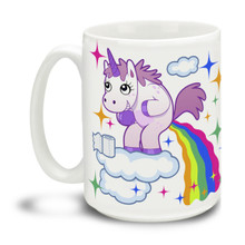 Get a little magic all over the floor with this delightful Pooping Unicorn mug! This brightly colored magical themed mug is a fun way to dunk your doughnuts. Now you know where rainbows come from! Durable, dishwasher and microwave safe big 15-ounce ceramic coffee mug with comfortable 4-finger handle.