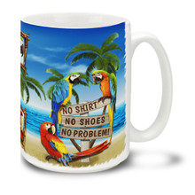 Be at the beach always with this fun and colorful "No Shirt No Shoes No Problem!" mug with pretty and playful parrots ! 15oz coastal themed Coffee Mug features rich colors and is durable, dishwasher and microwave safe. Personalize it with your name for only $3 more!