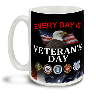 Those who served deserve everyone's respect and thanks! Make every day Veteran's Day with this pride motto, branch insignia and Eagle American Flag background mug, it makes a great Veteran coffee mug. This patriotic Veteran's mug is durable, dishwasher and microwave safe.