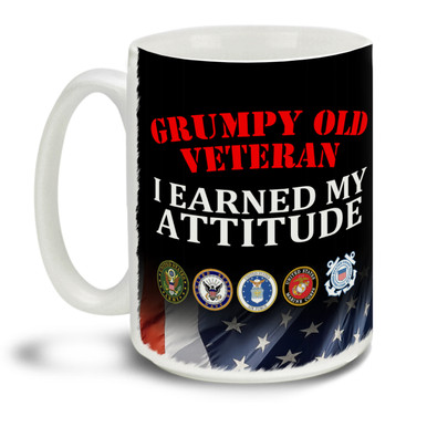Those who served deserve everyone's respect and thanks! Show them you earned your grumpy attitude with this pride motto, branch insignia and Eagle American Flag background mug, it makes a great Veteran coffee mug. This patriotic Veteran's mug is durable, dishwasher and microwave safe.