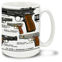 Browning Hi-Power Pistol Mug. The Browning Hi-Power is based on a design by inventor John Browning and has a magazine capacity of almost twice that of other contemporary pistols. Featuring art from famed firearms graphics artist, gun parts manufacturer and self-proclaimed adrenaline junkie Robert Burrows. 15oz Pistol Mug is durable, dishwasher and microwave safe.