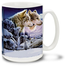 Beautiful wolf pair in the snowy moonlit twilight, with a lonely cub howling for dinner. 15oz coffee mug