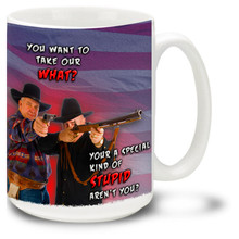 Show your enthusiasm for guns and the second amendment with this dynamic coffee mug featuring two all Americans defending their right to bear arms against a patriotic U.S. flag background.-