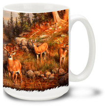 Beautiful Whitetail Deer coffee mug featuring a full herd by the river. - 15oz deer mug is dishwasher and microwave safe.