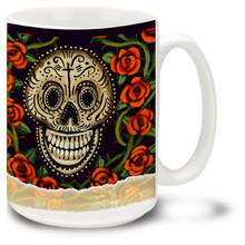 Skull and red roses celebrate the holiday of Día de Muertos, or the Day of the Dead.