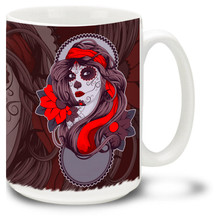 Sugar skull face paint makes the Day of the Dead celebration fun for all ages. Enjoy your morning coffee in this colorful mug.