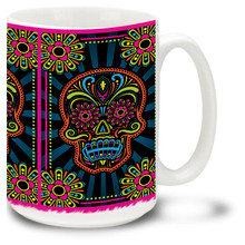 Turn up the volume with the loud colors on this vibrant Day of the Dead sugar skulls mug!