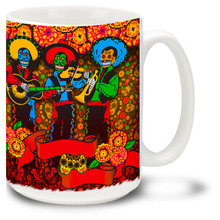 Let the party begin with this vivid sugar skull and skeleton mariachi band mug celebrating the Day of the Dead!