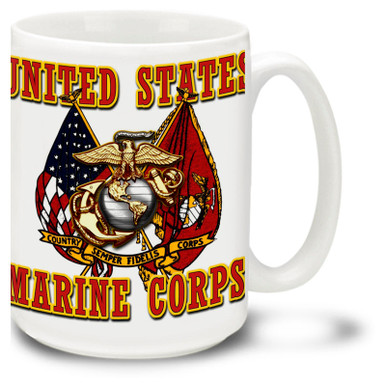 United States Marine Corps Cross Flags coffee Mug features United States of America flag Marines flag. Crossed flags USMC mug features official Marines EGA symbol.