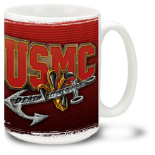 United States Marine Corps coffee mug with Marines slogan Death Before Dishonor. Marines mug is dishwasher and microwave safe.