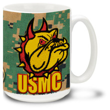 United States Marine Corps coffee mug with Marines Devil Dog mascot. This Marines mug features official USMC emblem.