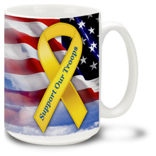 Support Our Troops coffee mug shows support for our United States troops with a Red, White and Blue American Flag. Patriotic Yellow Ribbon mug is dishwasher and microwave safe.