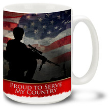 Proud to Serve My Country United States Army Digital Camo coffee mug features the United States Flag as a background. This Proud to Serve mug is dishwasher and microwave safe.