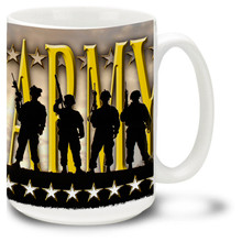 United States Army Silhouettes coffee mug has soldiers in shadow with text Army proudly behind them. Durable Army mug is dishwasher and microwave safe.