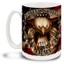 United States Army Eagle on American Flag coffee mug shows a bold eagle and red, white and blue flag. Patriotic Army mug is dishwasher and microwave safe.