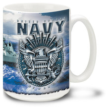 Show your pride in the United States Navy with this Navy mug showing  the USN crest in steel and the Anytime Anywhere slogan. \U.S. Navy Coffee Mug is dishwasher and microwave safe.