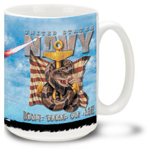 United States Navy mug features the USN Anchor in steel and the Don't Tread on Me slogan plus a dangerous rattlesnake! U.S. Navy Coffee Mug is dishwasher and microwave safe.