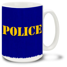 Police Mug featuring Police stencil against rugged weathered blue background! Police Coffee Mug is dishwasher and microwave safe.