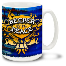 Peace Keeper Mug featuring Police badge design with "Keeper of the Peace" graffiti style art. Peace Keeper Police Coffee Mug is dishwasher and microwave safe.